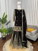 Black Color Faux Georgette Fabric Thread With Sequence Work Palazzo Suit