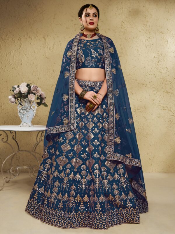 Blue Color Art Silk Fabric Jari With Sequence Embroidery Work Lehenga