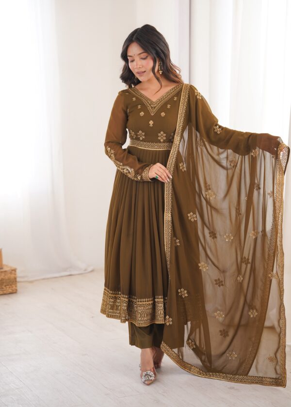 Brown Color Faux Georgette Fabric Embroidery With Sequence Work Anarkali Suit