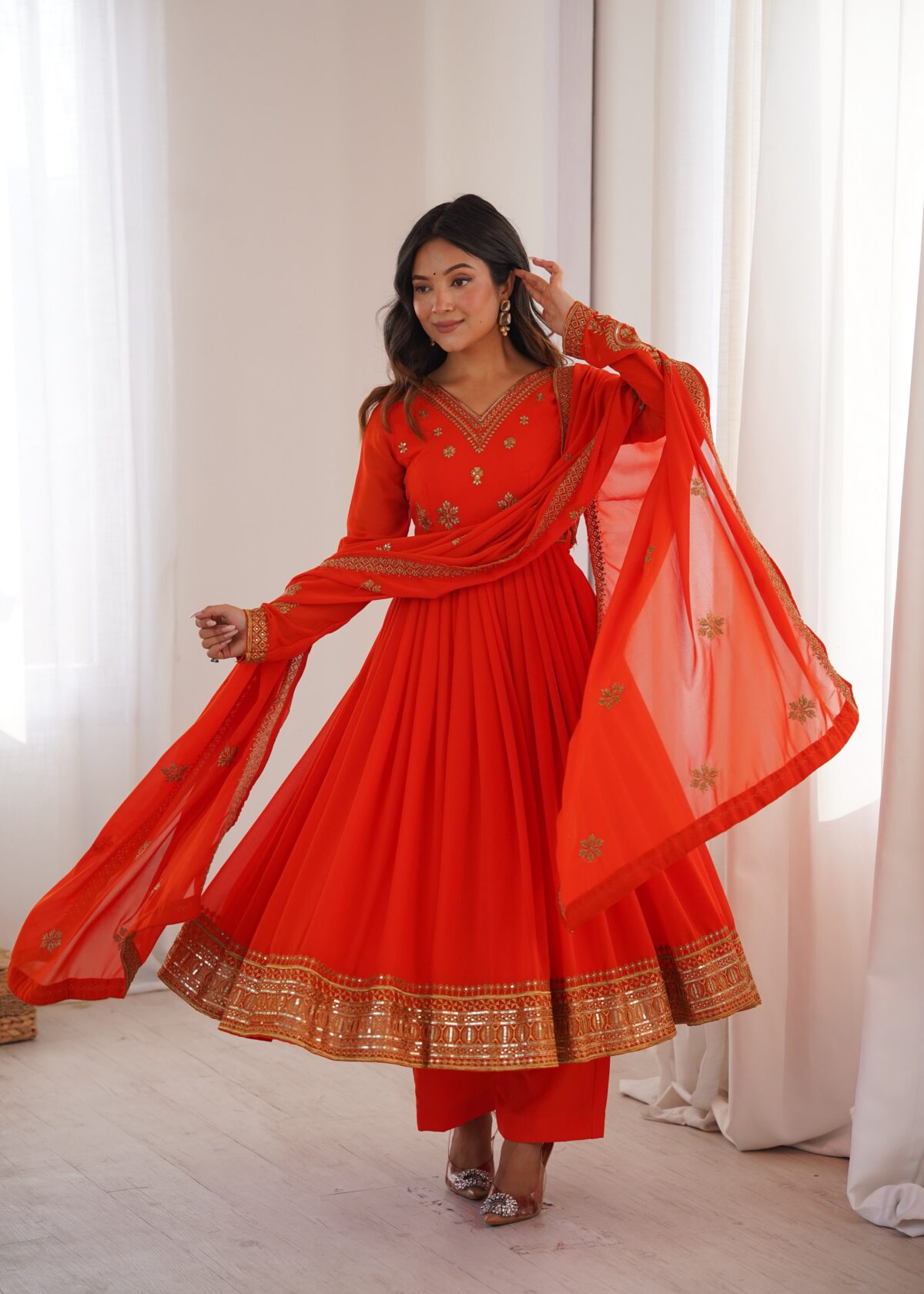 Fanta Color Faux Georgette Fabric Embroidery With Sequence Work Anarkali Suit