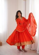 Fanta Color Faux Georgette Fabric Embroidery With Sequence Work Anarkali Suit