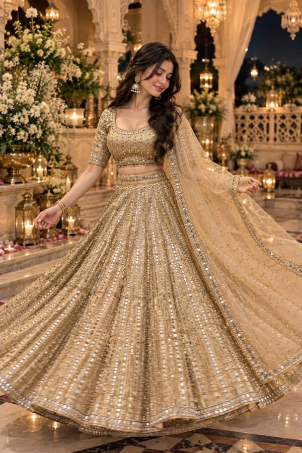 Gold Color Satin Silk Fabric Sequence With Foil Mirror Work Lehenga