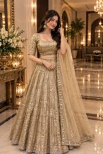 Gold Color Satin Silk Fabric Sequence With Foil Mirror Work Lehenga