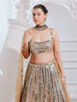 Gold Color Satin Silk Fabric Sequence With Foil Mirror Work Lehenga