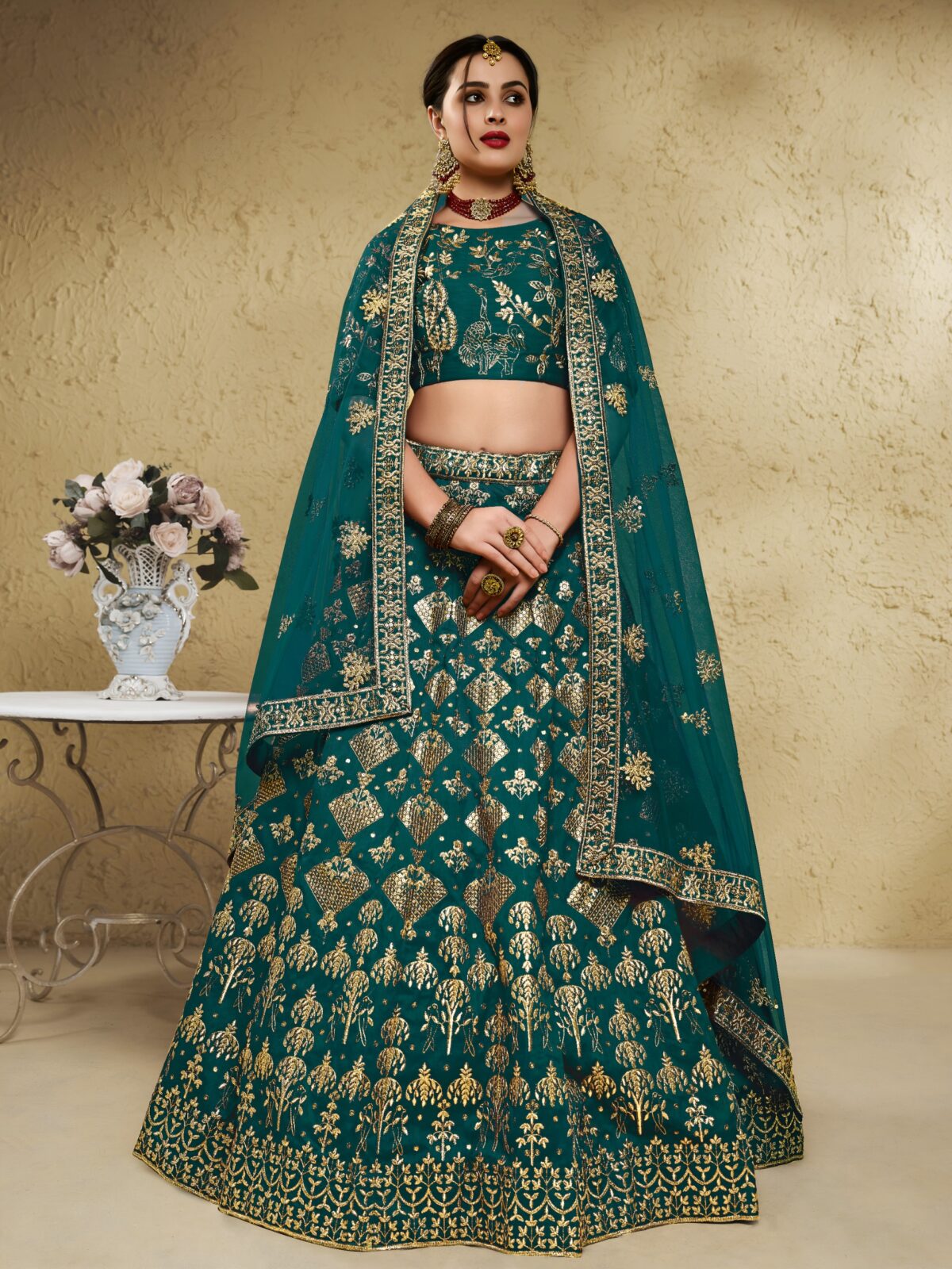 Green Color Art Silk Fabric Jari With Sequence Embroidery Work Lehenga