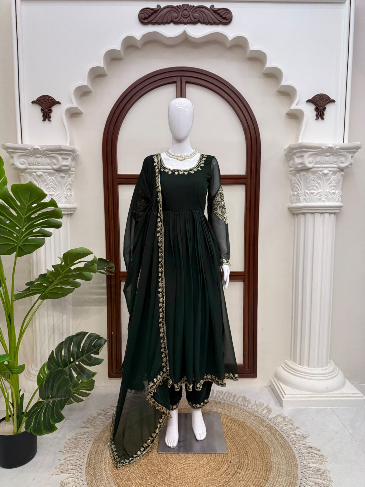 Green Color Faux Georgette Fabric Thread With Sequence Work Gown