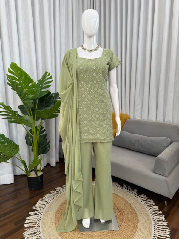 Green Color Faux Georgette Fabric Thread With Sequence Work Suit