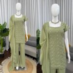 Green Color Faux Georgette Fabric Thread With Sequence Work Suit