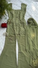 Green Color Faux Georgette Fabric Thread With Sequence Work Suit