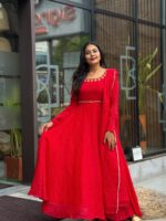 Karva Chauth Special Red Color Fendi Silk Fabric Hand Work Anarkali Suit