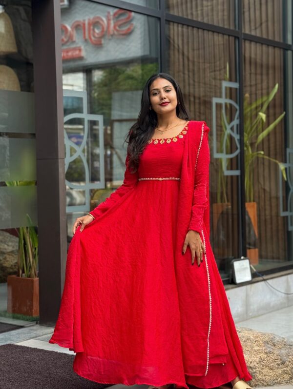 Karva Chauth Special Red Color Fendi Silk Fabric Hand Work Anarkali Suit
