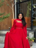 Karva Chauth Special Red Color Fendi Silk Fabric Hand Work Anarkali Suit