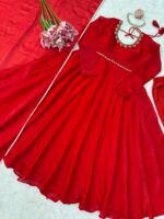 Karva Chauth Special Red Color Fendi Silk Fabric Hand Work Anarkali Suit