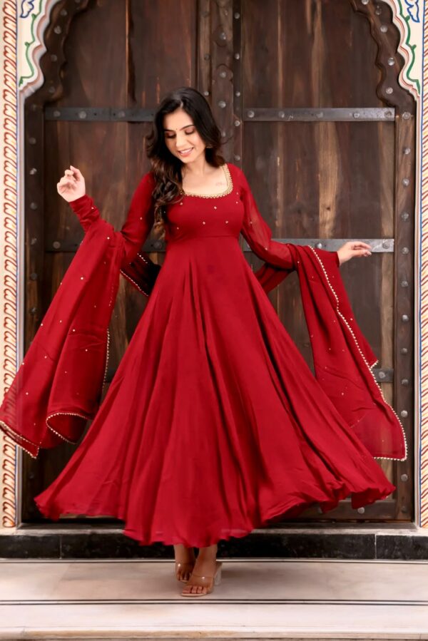 Karva Chauth Special Red Faux Georgette Fabric Hand Work Anarkali Suit