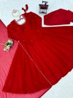 Karva Chauth Special Red Faux Georgette Fabric Hand Work Anarkali Suit