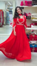 Karva Chauth Special Red Faux Georgette Fabric Thread With Sequence Work Anarkali Suit