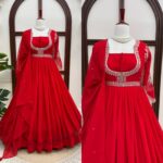 Karva Chauth Special Red Faux Georgette Fabric Thread With Sequence Work Anarkali Suit