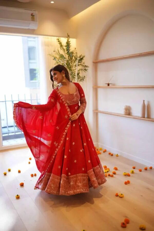 Karva Chauth Special Red Georgette Fabric Thread With Sequence Work Anarkali Suit