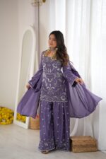Lavender Color Chinon Silk Fabric Sequence With Cut Dana Bead Work Palazzo Suit