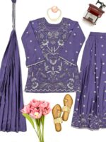 Lavender Color Chinon Silk Fabric Sequence With Cut Dana Bead Work Palazzo Suit