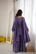 Lavender Color Chinon Silk Fabric Sequence With Cut Dana Bead Work Palazzo Suit