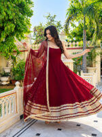 Maroon Color Faux Blooming Fabric Embroidery Jari Sequence Work Anarkali Suit