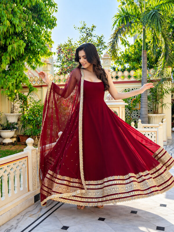 Maroon Color Faux Blooming Fabric Embroidery Jari Sequence Work Anarkali Suit