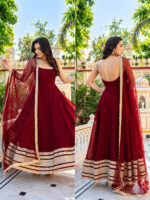 Maroon Color Faux Blooming Fabric Embroidery Jari Sequence Work Anarkali Suit