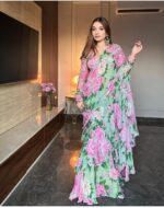 Mint Green Color Chinon Silk Fabric Digital Print Work Ruffle Style Lehenga Saree