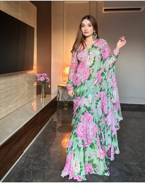 Mint Green Color Chinon Silk Fabric Digital Print Work Ruffle Style Lehenga Saree
