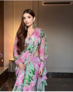 Mint Green Color Chinon Silk Fabric Digital Print Work Ruffle Style Lehenga Saree