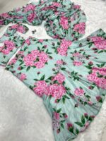 Mint Green Color Chinon Silk Fabric Digital Print Work Ruffle Style Lehenga Saree