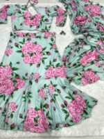 Mint Green Color Chinon Silk Fabric Digital Print Work Ruffle Style Lehenga Saree
