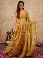 Mustard Yellow Color Salsa Silk Fabric Sequence With Stone Work Gown