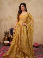 Mustard Yellow Color Salsa Silk Fabric Sequence With Stone Work Gown