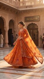 Orange Color Tabby Silk Fabric Print With Hand Real Mirror Work Lehenga