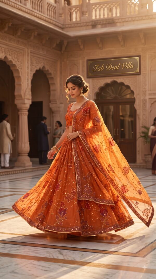 Orange Color Tabby Silk Fabric Print With Hand Real Mirror Work Lehenga