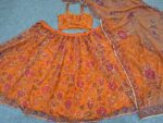 Orange Color Tabby Silk Fabric Print With Hand Real Mirror Work Lehenga