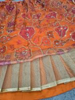 Orange Color Tabby Silk Fabric Print With Hand Real Mirror Work Lehenga