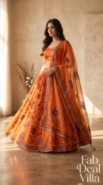 Orange Color Tabby Silk Fabric Print With Hand Real Mirror Work Lehenga