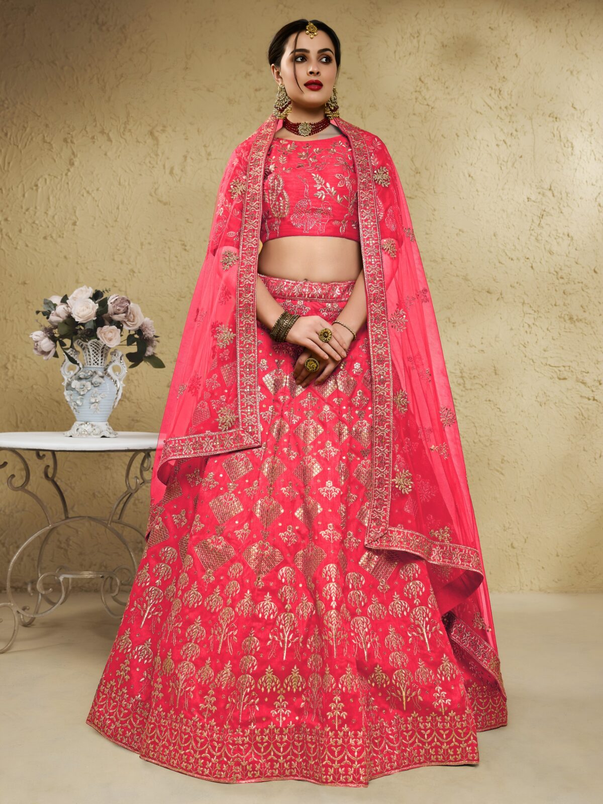 Peach Color Art Silk Fabric Jari With Sequence Embroidery Work Lehenga
