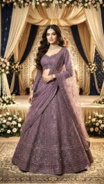 Purple Color Net Fabric Sequence With Resham Dori Work Lehenga