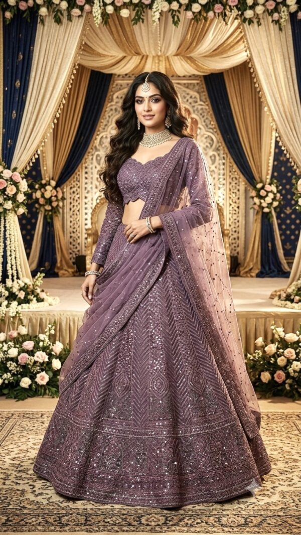 Purple Color Net Fabric Sequence With Resham Dori Work Lehenga