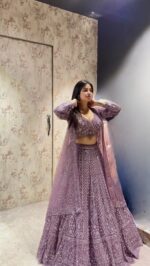 Purple Color Net Fabric Sequence With Resham Dori Work Lehenga