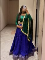 Purple Color Roman Silk Fabric Ghughari With Fancy Lace Lehenga