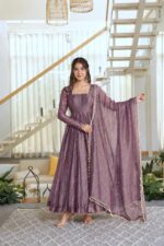 Purple Color Salsa Silk Fabric Foil Work Gown