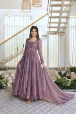 Purple Color Salsa Silk Fabric Foil Work Gown