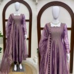 Purple Color Salsa Silk Fabric Foil Work Gown