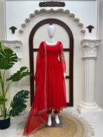 Red Color Faux Georgette Fabric Thread With Sequence Work Gown