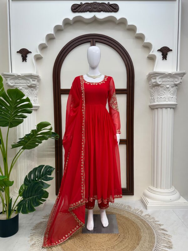 Red Color Faux Georgette Fabric Thread With Sequence Work Gown